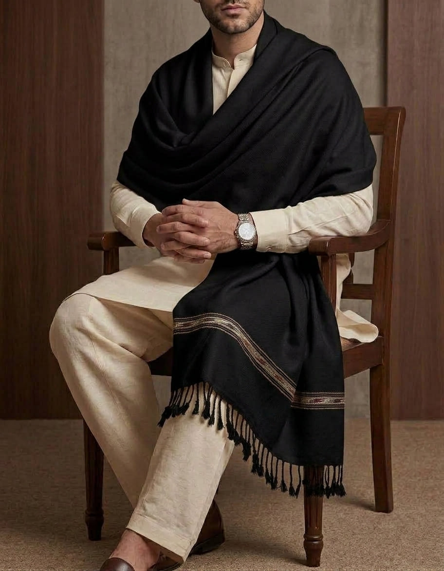 DEEP BLACK PLAIN WOOL BLEND MEN SHAWL