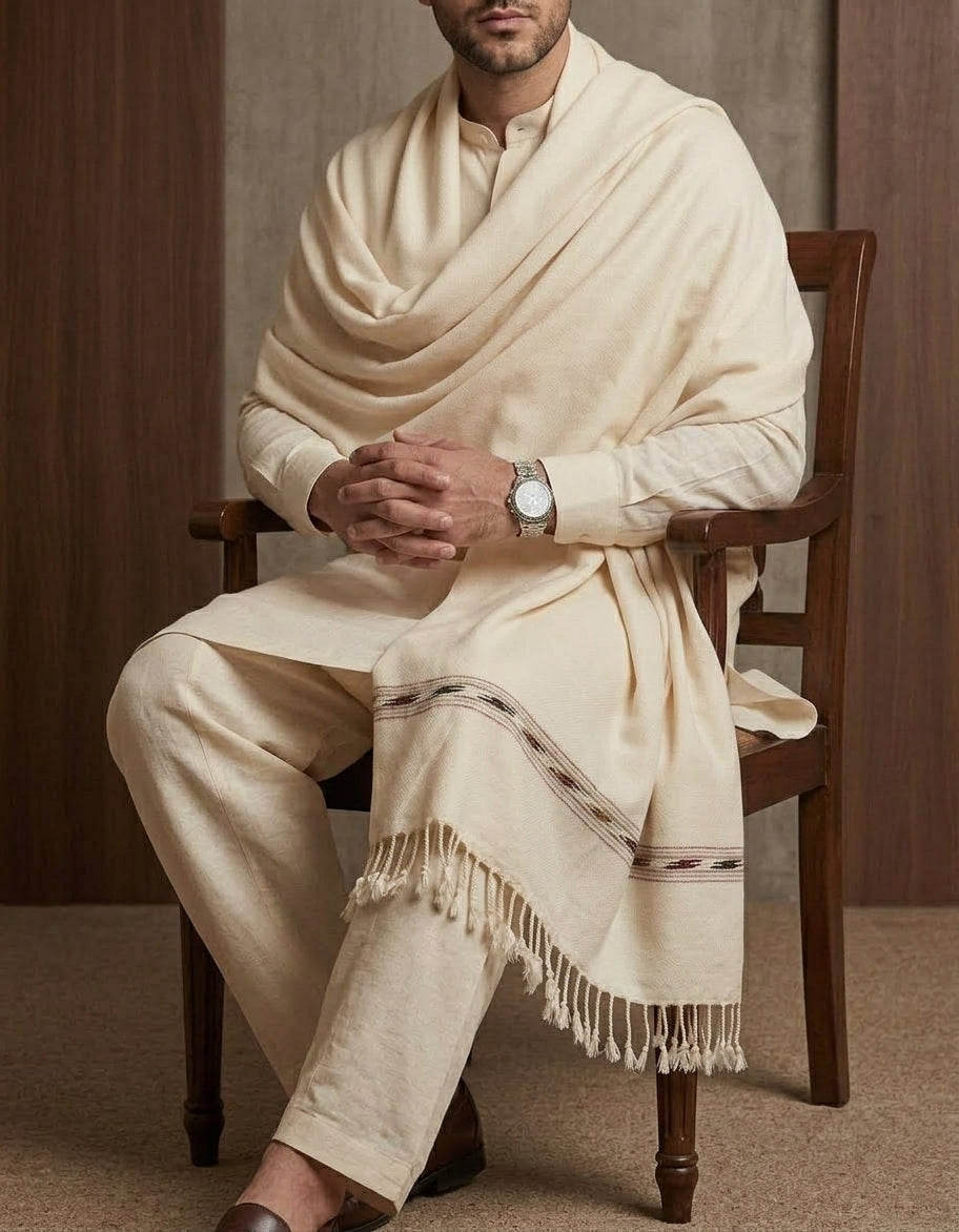 OFF WHITE PLAIN WOOL BLEND MEN SHAWL