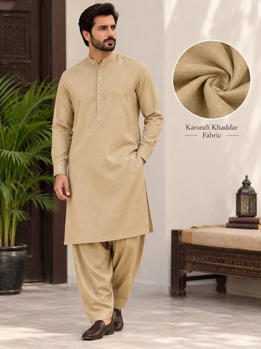 BISCUIT COLOR KARANDI KHADDAR UNSTICHED FABRIC