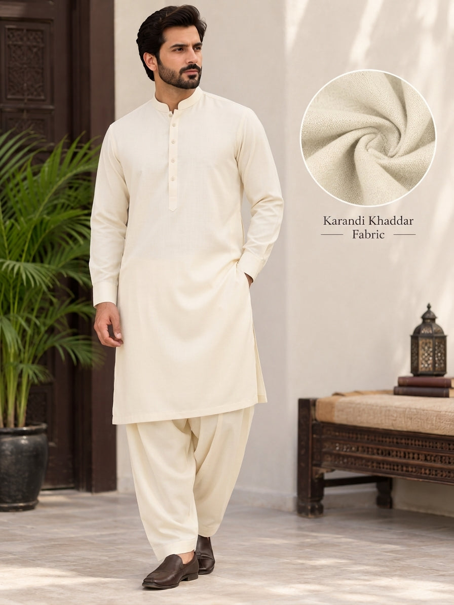 OFF WHITE KARANDI KHADDAR UNSTICHED FABRIC