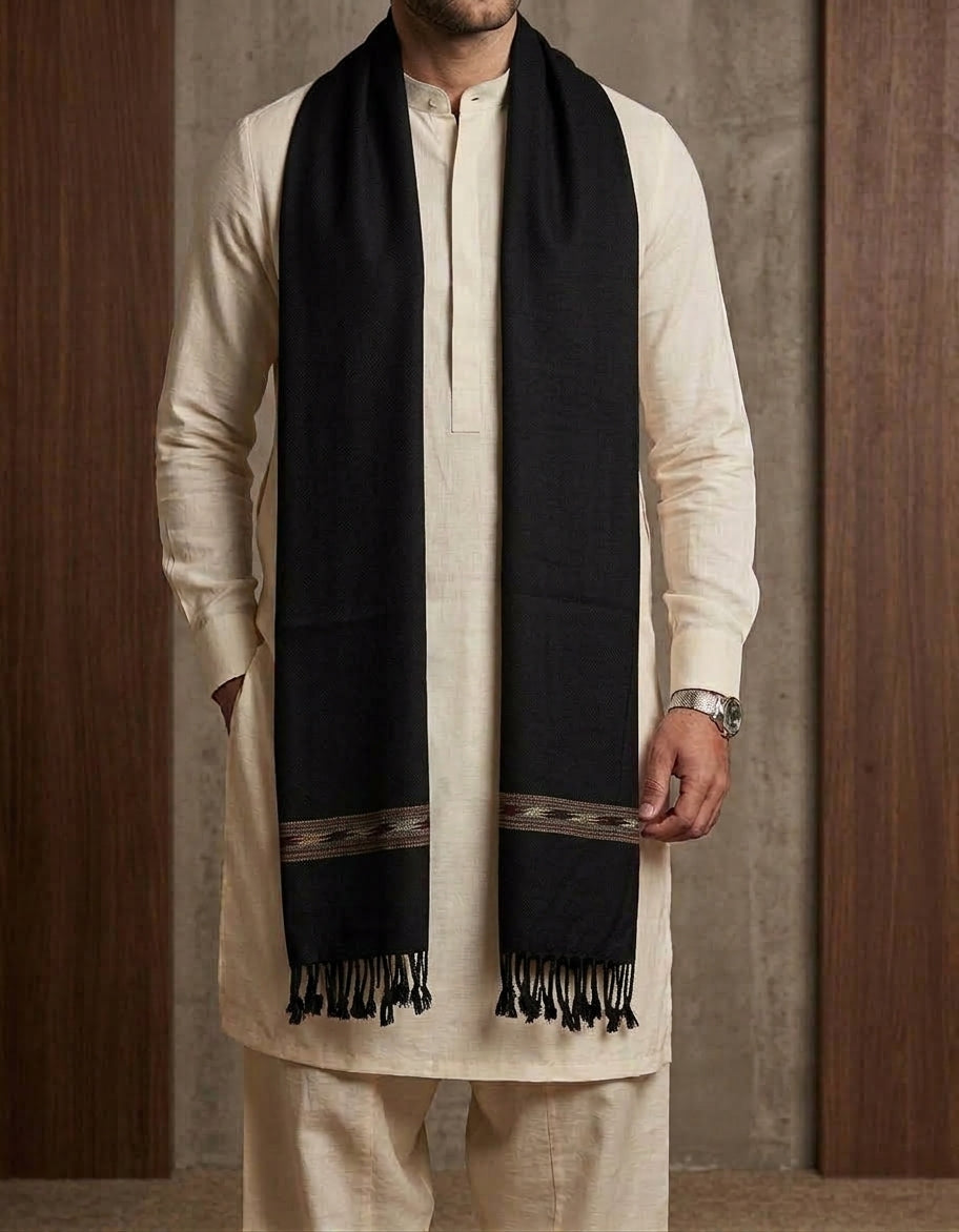 DEEP BLACK PLAIN WOOL BLEND MEN SHAWL
