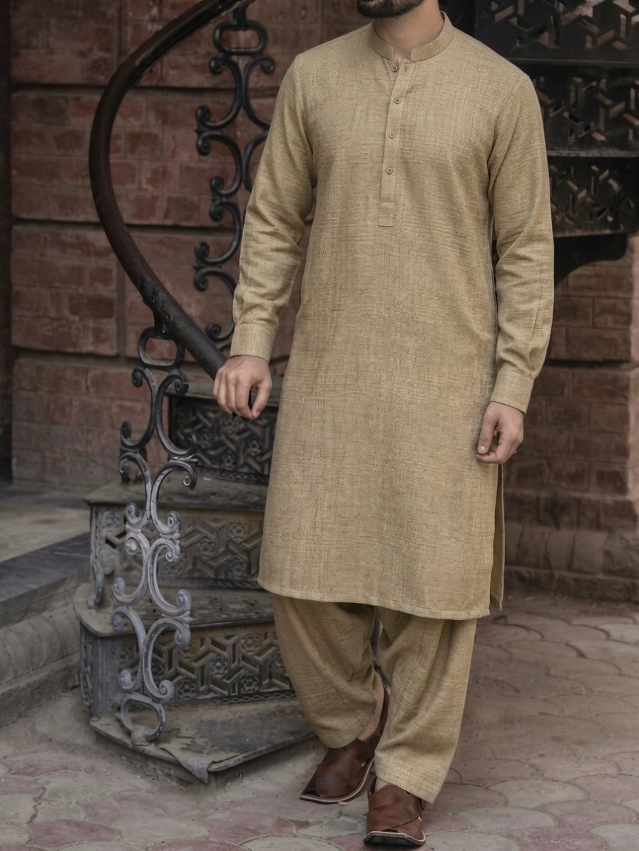 ALMOND COLOR KARANDI KHADDAR UNSTICHED FABRIC