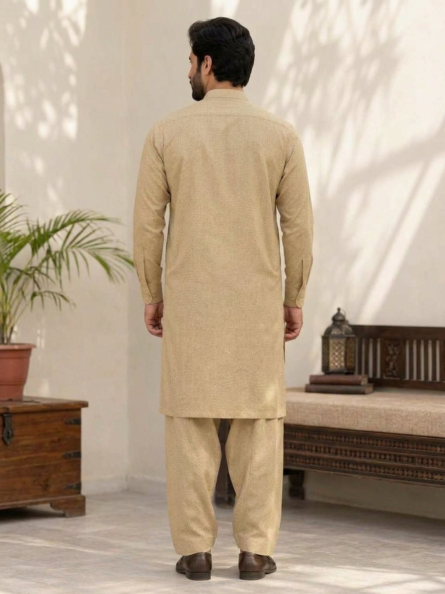 BISCUIT COLOR KARANDI KHADDAR UNSTICHED FABRIC