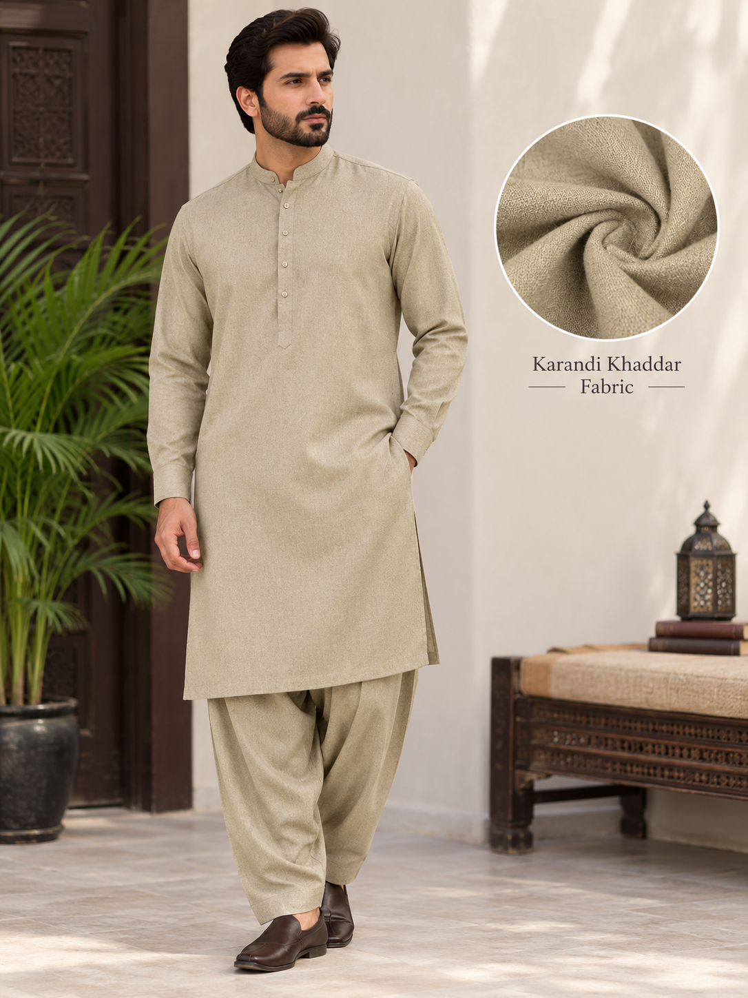 GREYISH BEIGE KARANDI KHADDAR UNSTICHED FABRIC